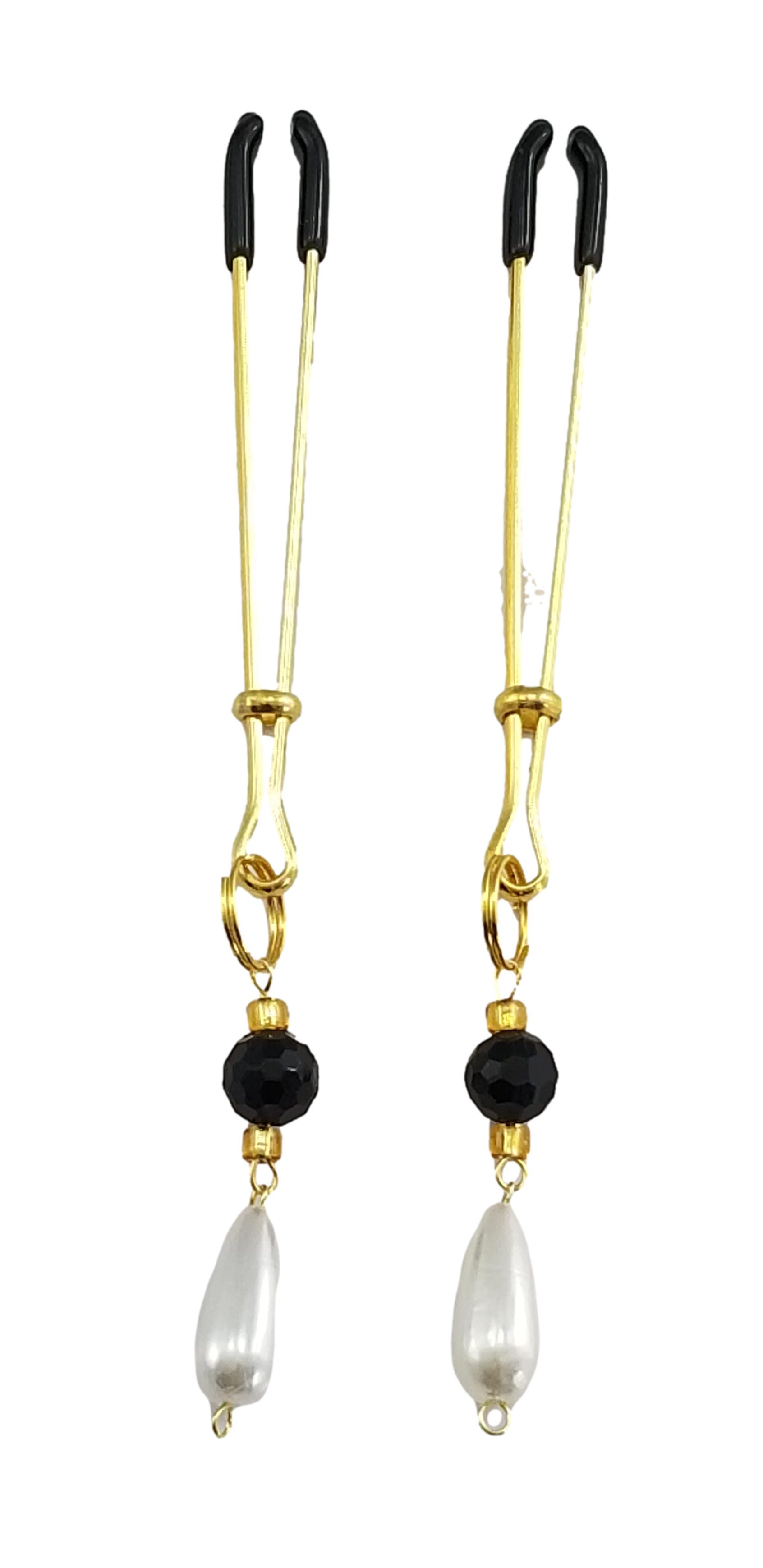 Nipple clamp - Tweezer - Gold - Black and Gold Beads with Pearl - Long Tweezer